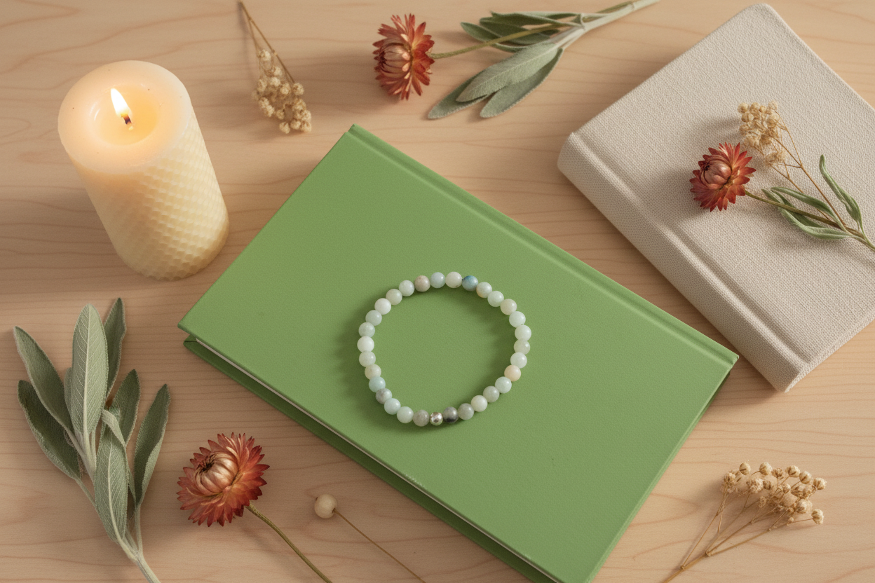 Grave Earth Bracelet by Jewellery by JN, featuring amazonite and a single sterling silver bead, arranged in a flat lay on a neutral background