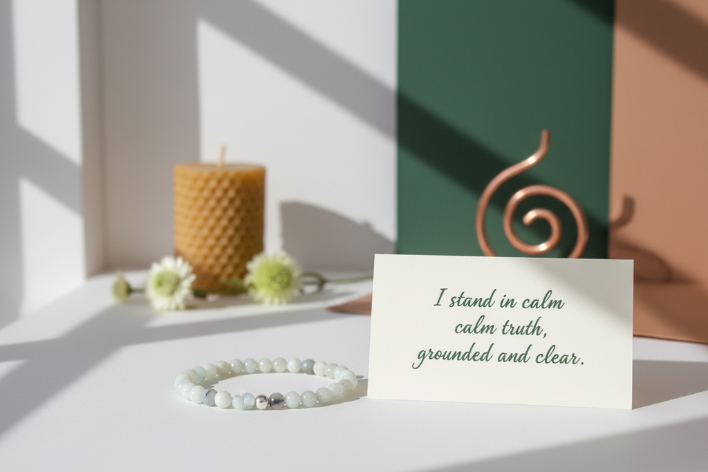Grave Earth Bracelet by Jewellery by JN with handwritten affirmation card, styled with ritual props on a creamy background