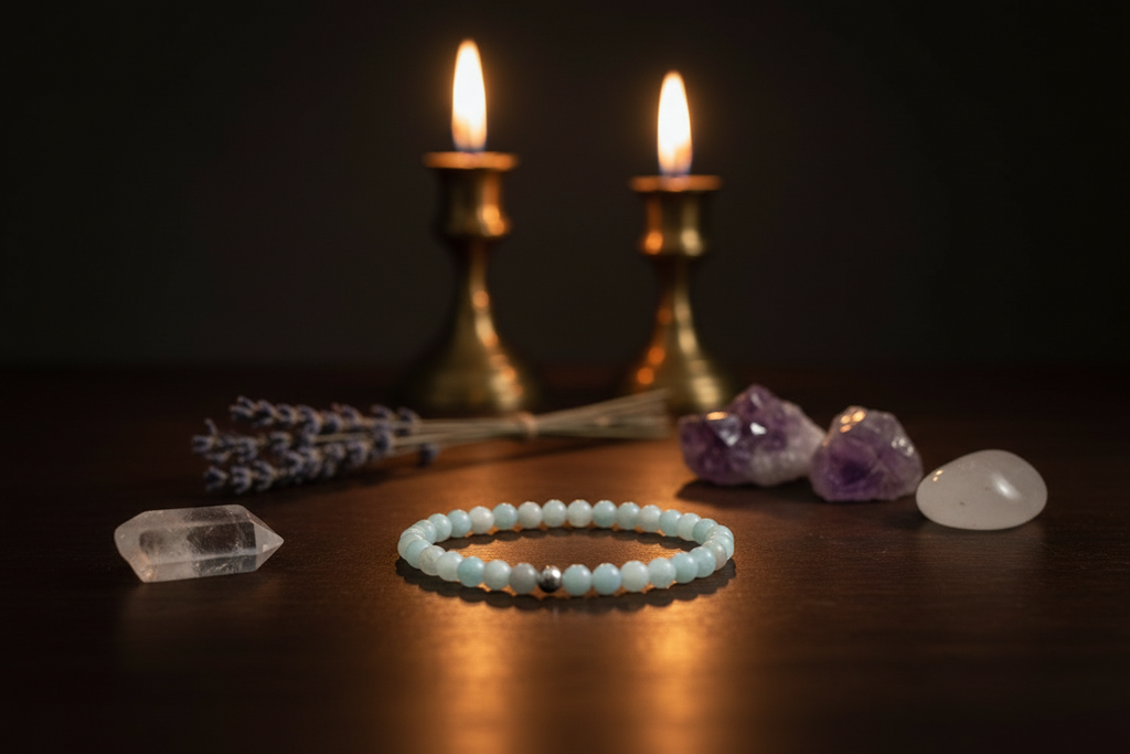 A light blue beaded bracelet with a small silver accent bead is displayed on a dark wooden surface, surrounded by crystals, lavender, and two lit brass candlesticks in the background.