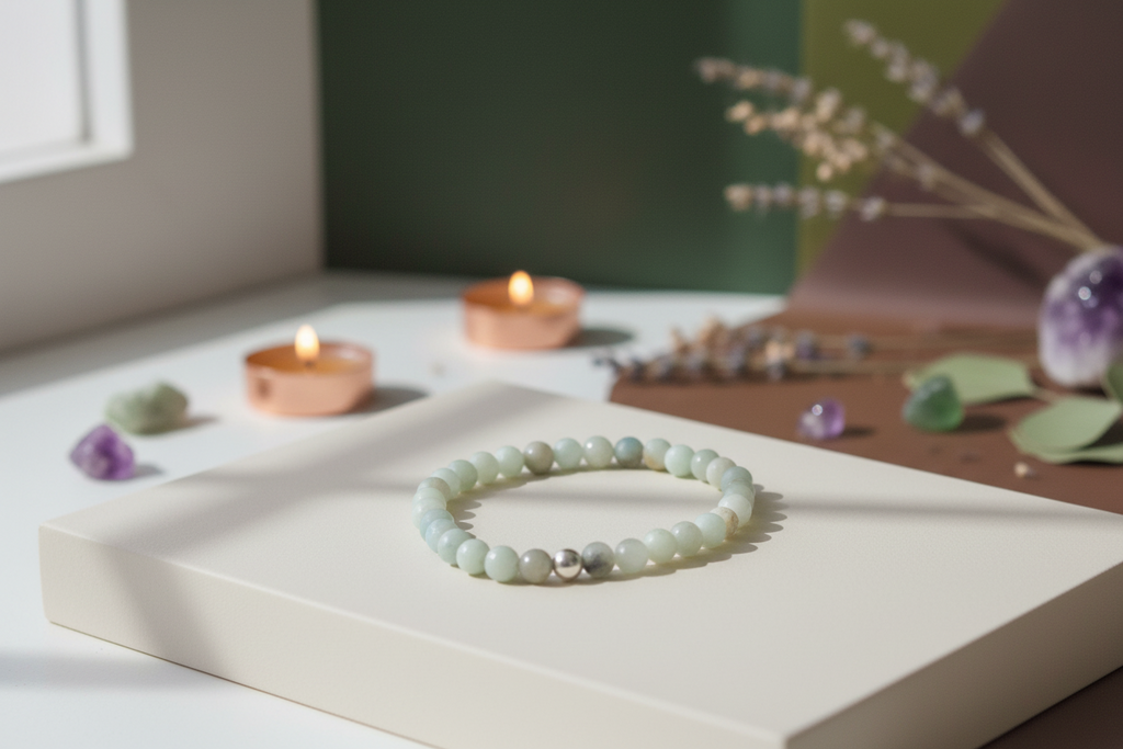 Grave Earth Bracelet styled with ritual props, featuring amazonite and a silver bead, Jewellery by JN.