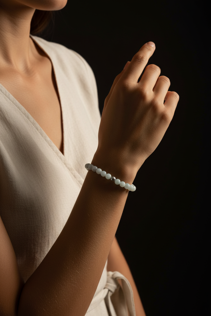 A close-up of a woman wearing a light gray beaded bracelet on her wrist, dressed in a cream-colored sleeveless top against a dark background.