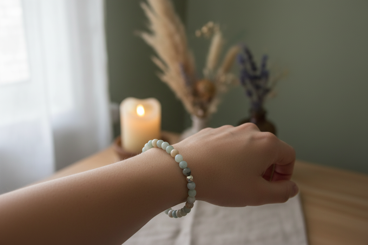 Woman’s wrist wearing the Grave Earth Bracelet by Jewellery by JN, with amazonite and a silver accent bead.