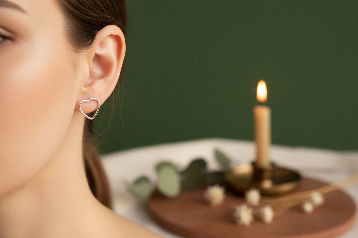 Close-up of a woman's ear with a heart-shaped earring, blurred background with candle and greenery.