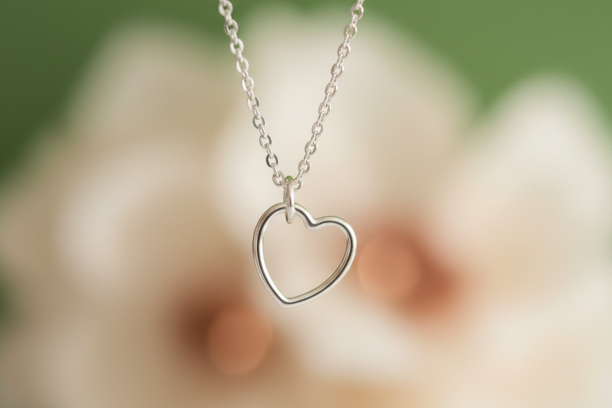 Silver heart-shaped necklace against a blurred floral background