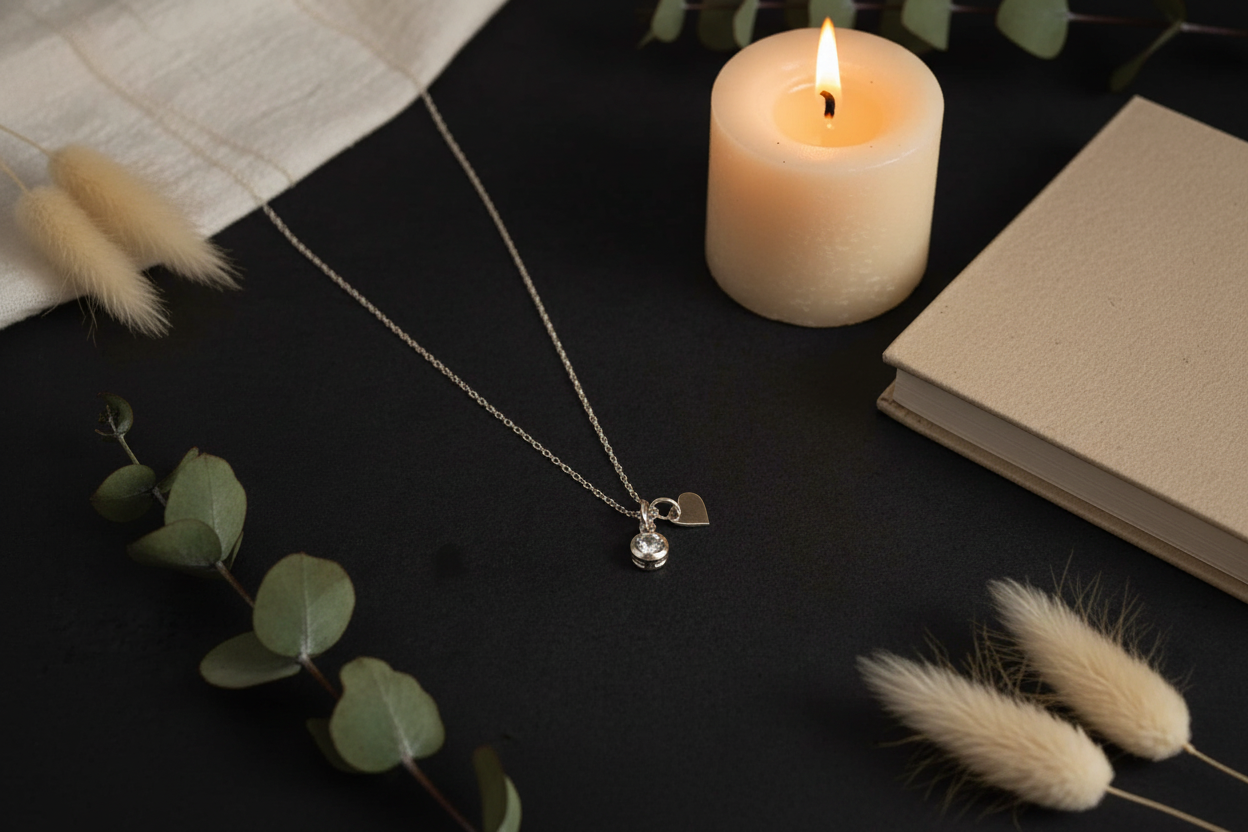 A delicate silver necklace with a small heart-shaped charm and a tiny clear bead pendant, displayed on a dark surface next to a lit candle, a book, and dried bunny tail grass.