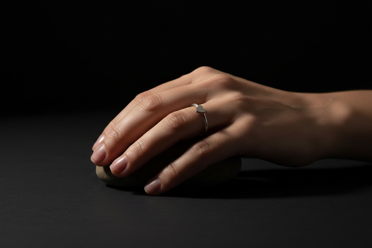 A close-up of a person's hand resting on a dark surface, wearing a delicate silver ring with a small clear stone on the ring finger against a black background.