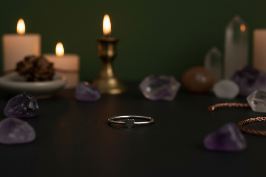 A thin silver ring with a small heart-shaped charm in the center, displayed on a dark surface surrounded by crystals, candles, and a brass candlestick against a dark green background.