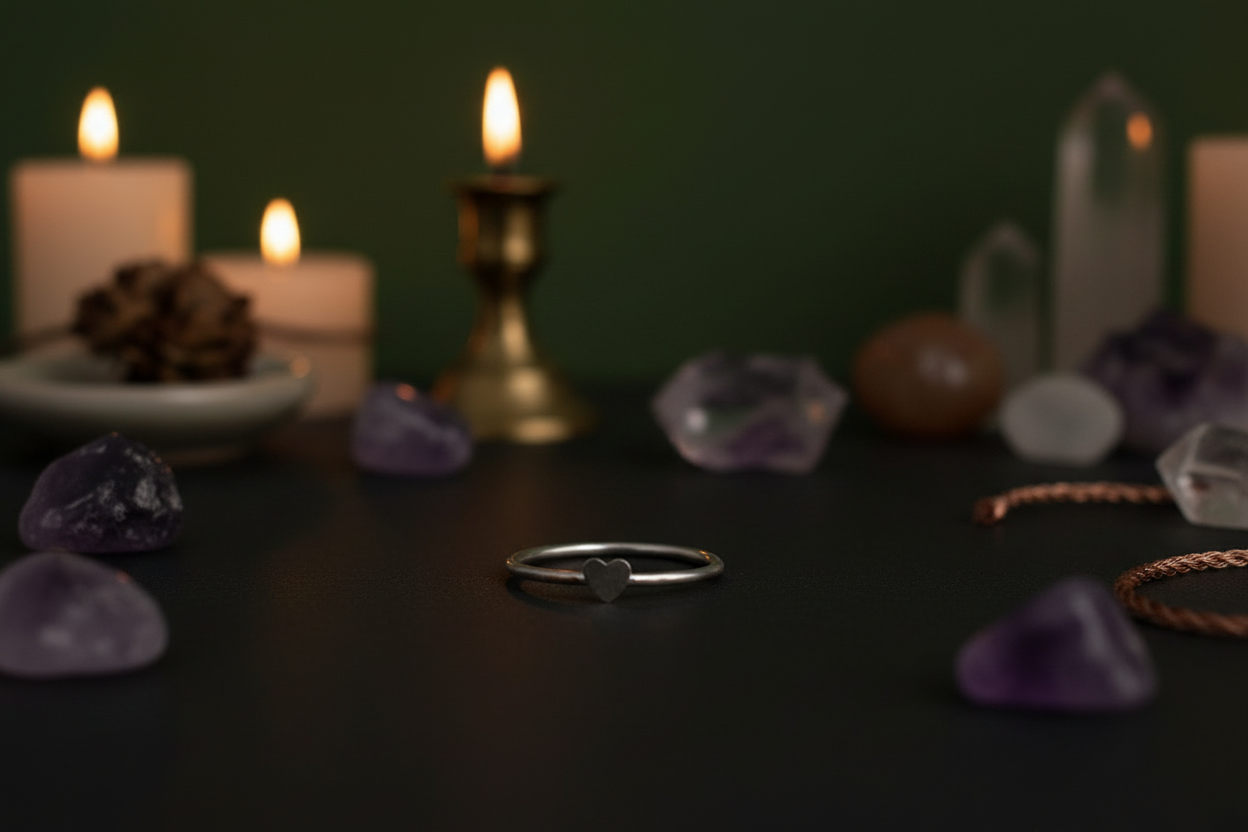 A thin silver ring with a small heart-shaped charm in the center, displayed on a dark surface surrounded by crystals, candles, and a brass candlestick against a dark green background.