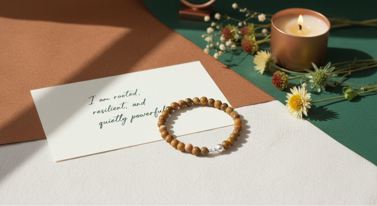 Emberroot Bracelet by Jewellery by JN with handwritten affirmation card, styled with ritual props on a creamy background.