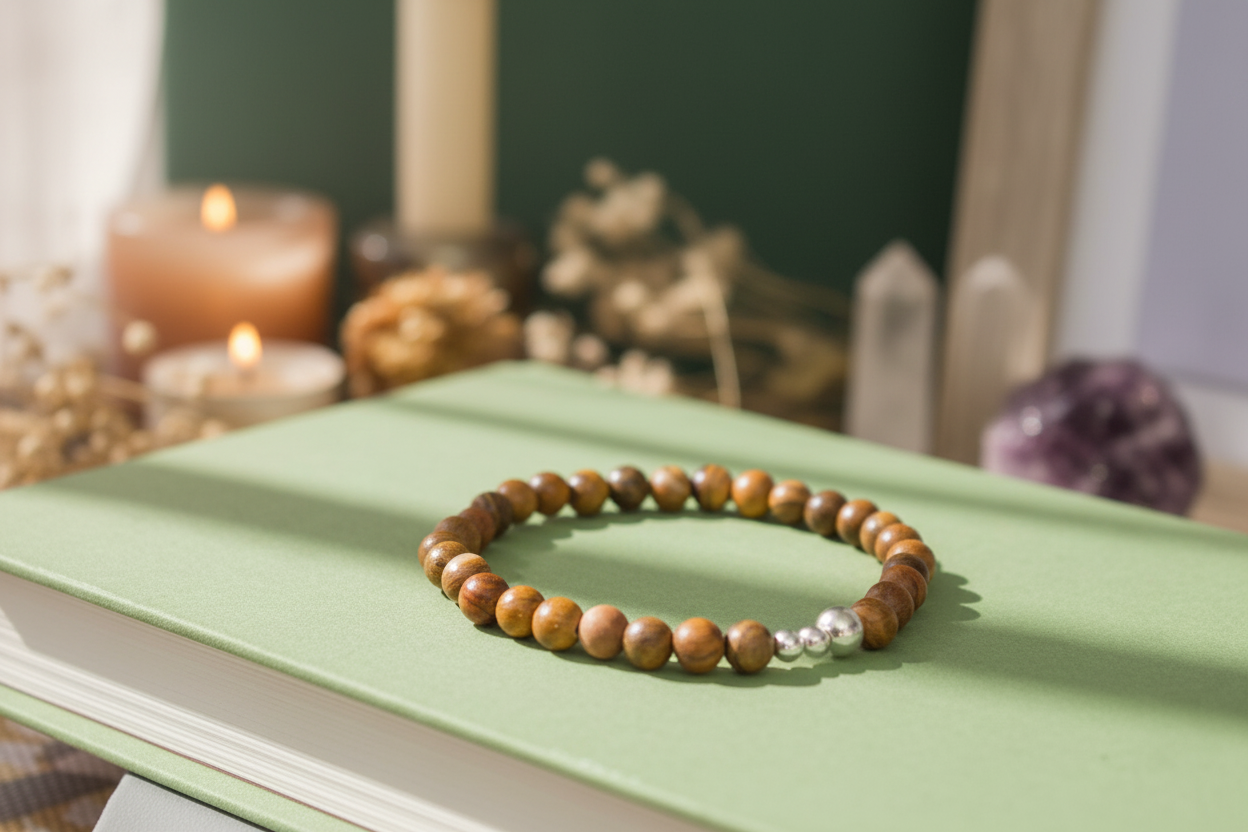 Emberroot Bracelet styled with ritual props, featuring Iron Zebra Jasper and sterling silver beads, Jewellery by JN.