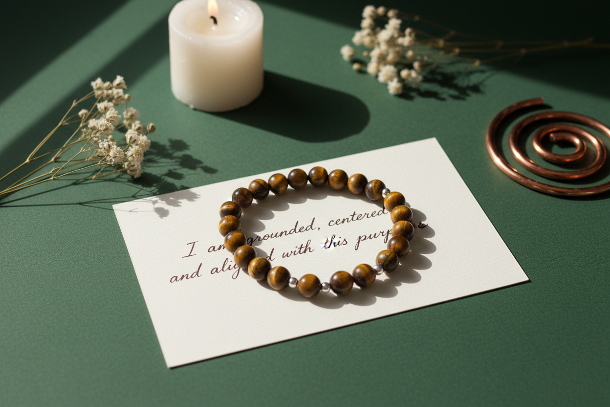Bracelet on a card with text, surrounded by candles and flowers on a green surface