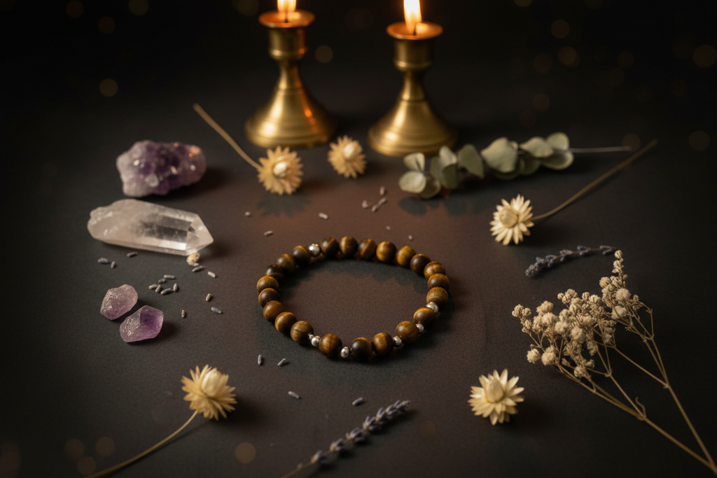 A beaded bracelet made of brown and gold tiger's eye beads is arranged on a dark surface with crystals, dried flowers, lavender, and two lit brass candlesticks in the background.