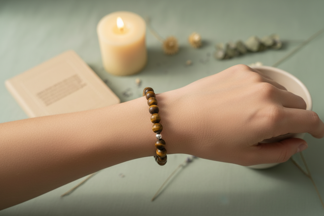 Hand wearing a beaded bracelet with a candle and stones in the background