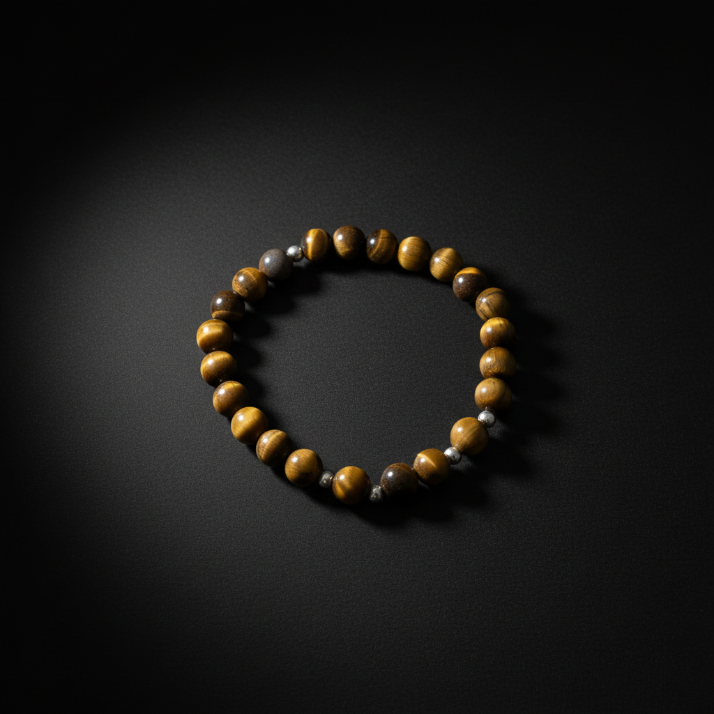 A beaded stretch bracelet featuring round brown and yellow tiger's eye beads accented with small metallic silver beads, displayed on a dark black background.