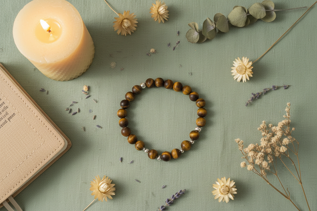 tiger's eye beaded bracelet on a green surface with a lit candle, flowers, and a notebook.