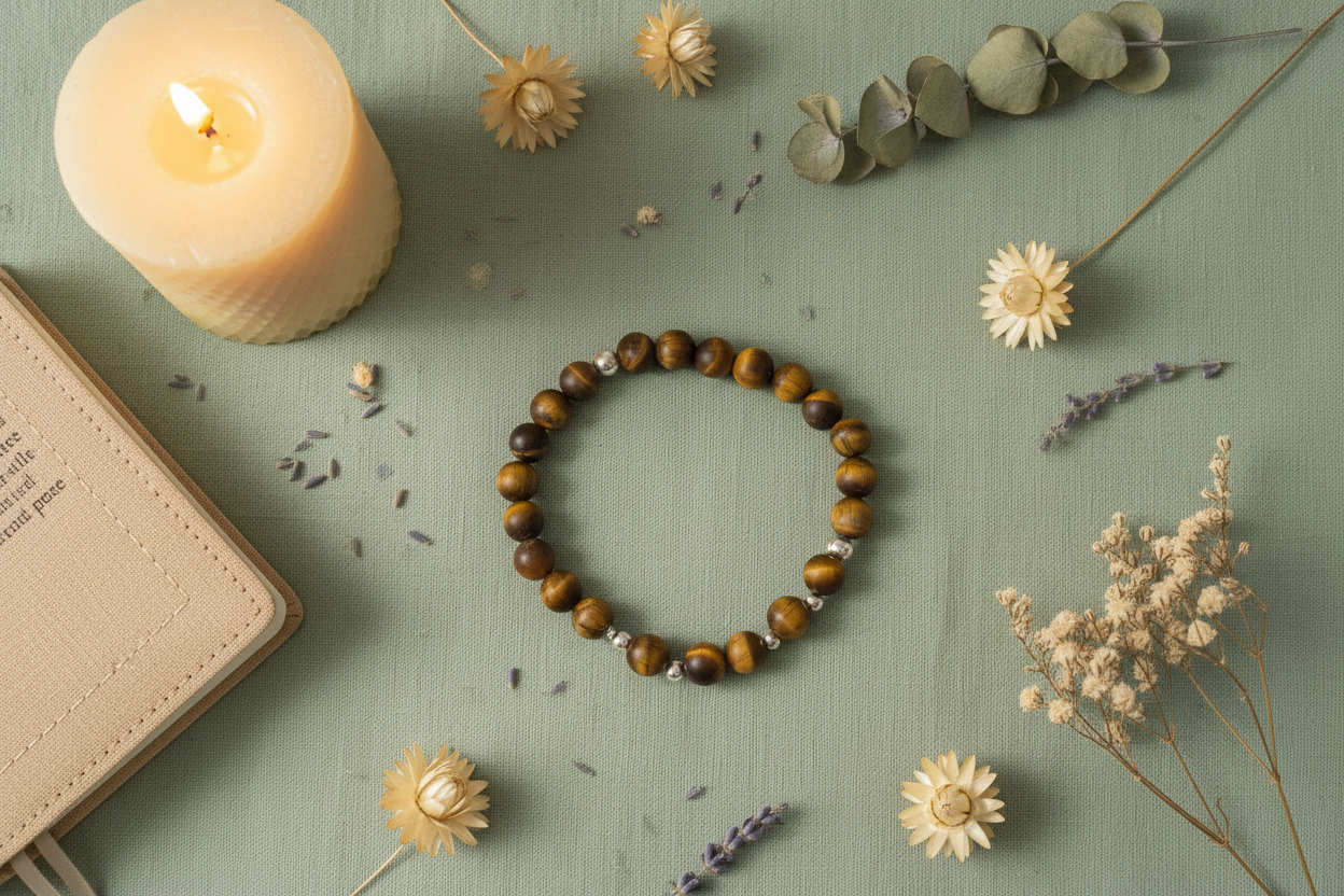 tiger's eye beaded bracelet on a green surface with a lit candle, flowers, and a notebook.