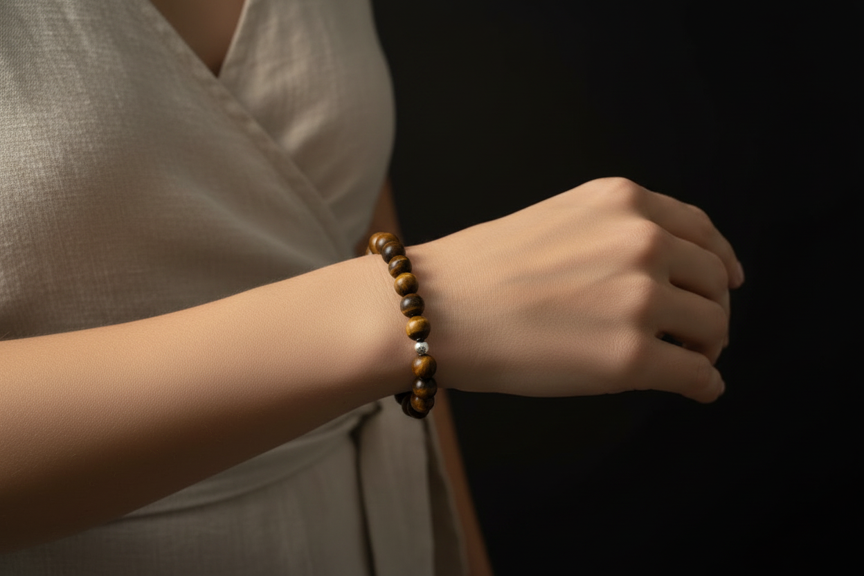 A close-up of a person's wrist wearing a beaded bracelet made of brown and gold tiger's eye beads, set against a dark background.