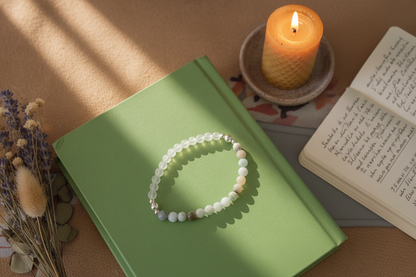 Cloudmind Bracelet by Jewellery by JN, featuring matte crystal quartz, amazonite, and sterling silver beads, arranged in a flat lay on a neutral background.