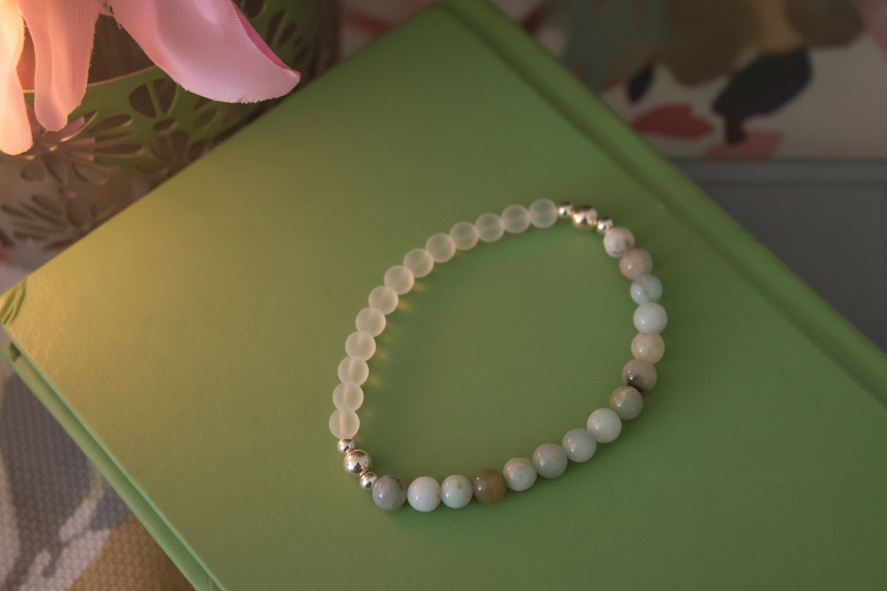Close-up of Cloudmind Bracelet by Jewellery by JN, highlighting the quartz, amazonite, and sterling silver bead details.