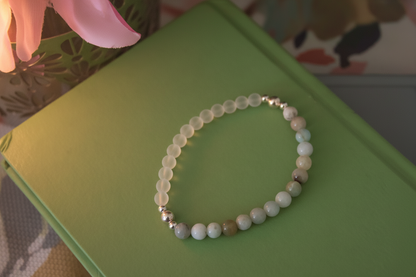 Close-up of Cloudmind Bracelet by Jewellery by JN, highlighting the quartz, amazonite, and sterling silver bead details.