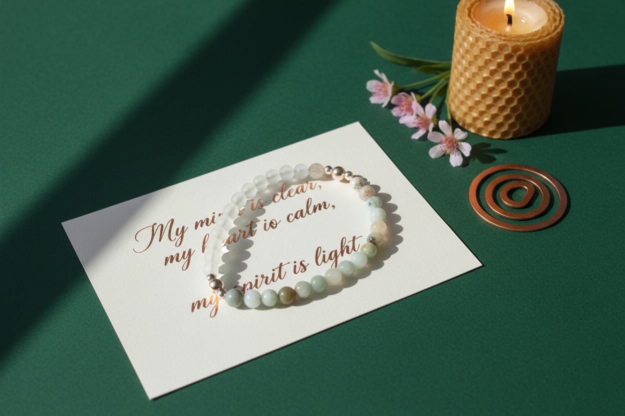 Cloudmind Bracelet by Jewellery by JN with handwritten affirmation card, styled with ritual props on a creamy background.