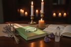 A beaded bracelet with light green and white beads rests on a light green book on a wooden table, surrounded by candles, an open book, crystals, and dried lavender in a cozy, dimly lit setting.