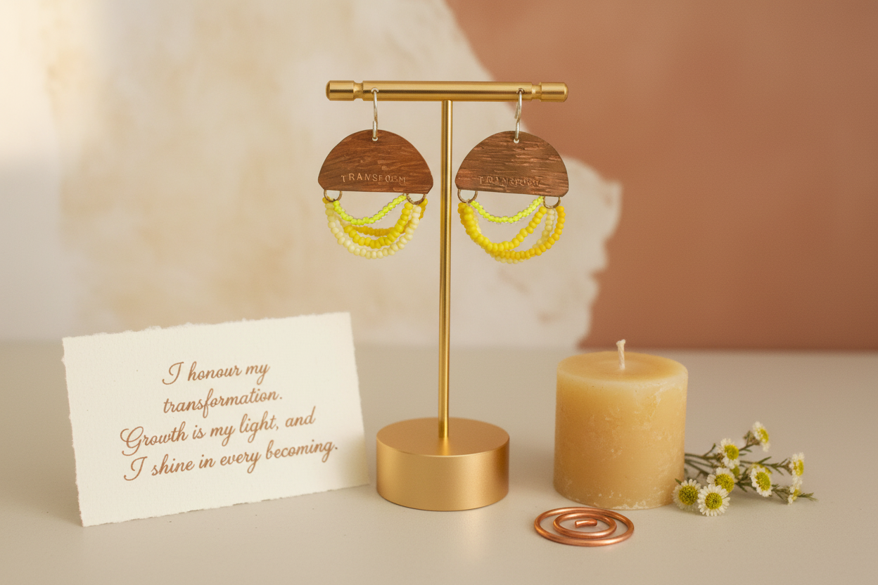 Gold earring stand with gold hoop earrings, a candle, and a card on a beige surface.