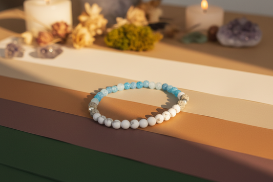 "Truthweaver Bracelet by Jewellery by JN, featuring striped matte blue agate, howlite, grey volcanic rock, and sterling silver beads, arranged in a flat lay on a neutral background."