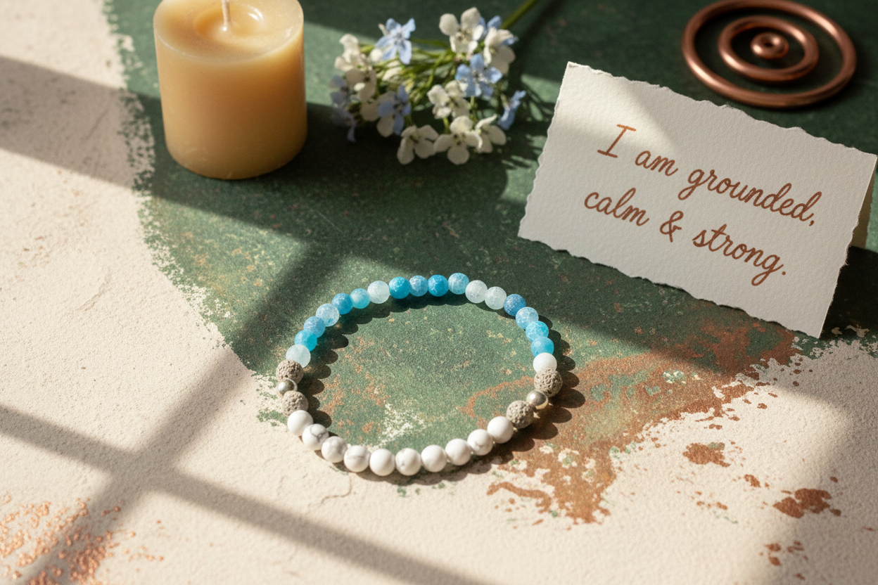 "Truthweaver Bracelet by Jewellery by JN with handwritten affirmation card, styled with ritual props on a creamy background."
