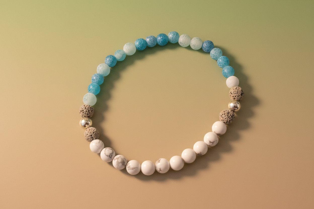 Close-up of Truthweaver Bracelet by Jewellery by JN, highlighting the blue agate, howlite, volcanic rock, and sterling silver bead details."
