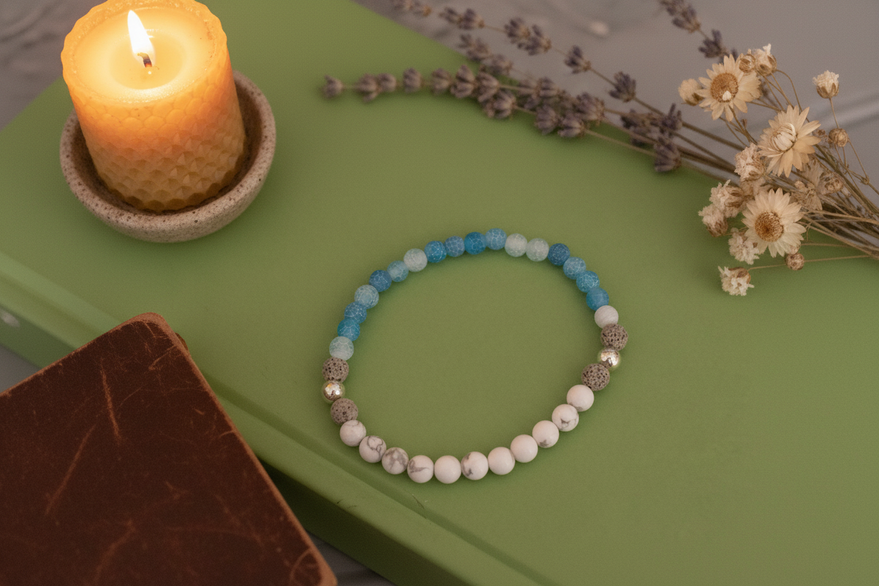 "Truthweaver Bracelet styled with ritual props, featuring blue agate, howlite, volcanic rock, and silver beads, Jewellery by JN."