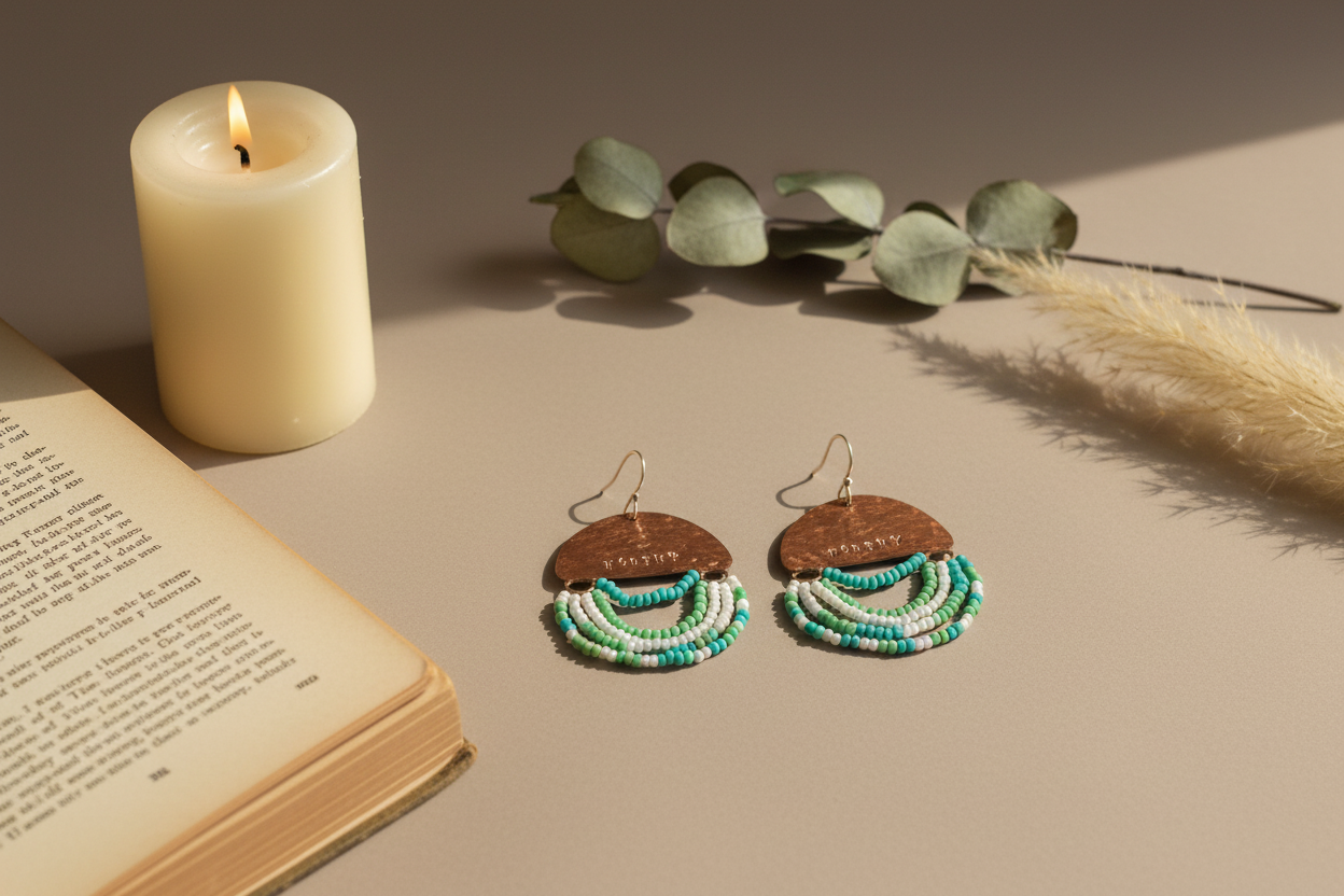 Mini Wordkeeper Earrings Worthy styled with ritual props, featuring copper, green, teal, and white seed beads, and sterling silver, Jewellery by JN.