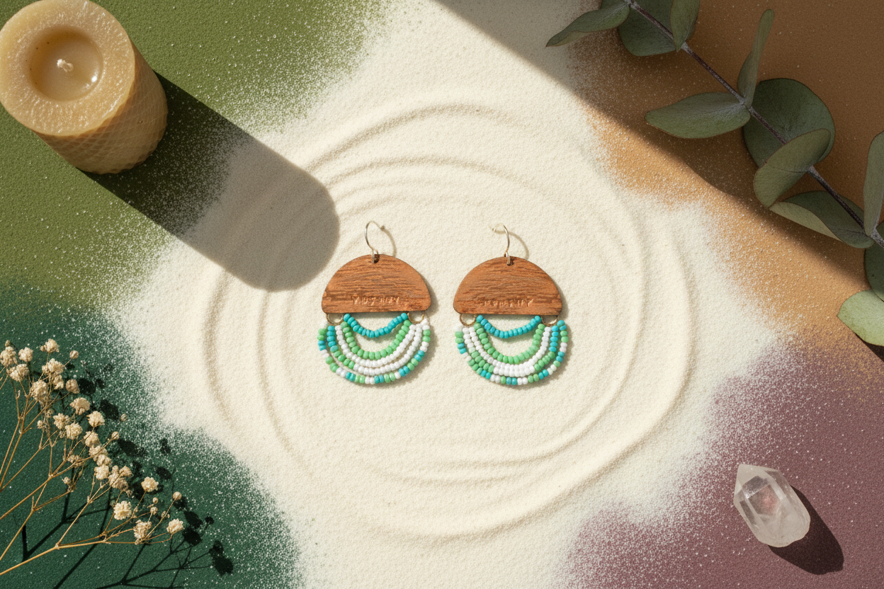 Mini Wordkeeper Earrings Worthy by Jewellery by JN, hand-forged copper with green, teal, and white seed bead fringe and handmade sterling silver ear wires, shown front-facing.