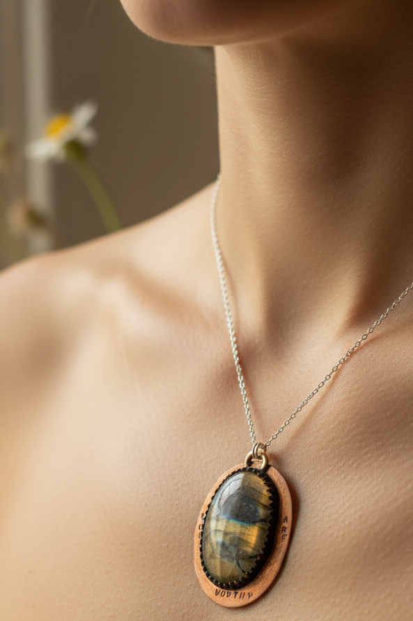 Woman’s neck wearing the Worthy Return Pendant by Jewellery by JN, with oval labradorite, copper bezel, and silver chain.