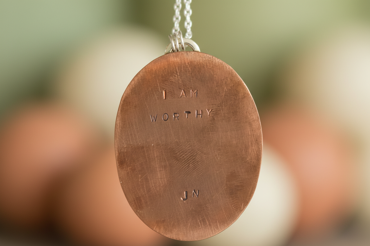 Reverse of Worthy Return Pendant by Jewellery by JN, copper backplate hand-stamped with 'I AM WORTHY.