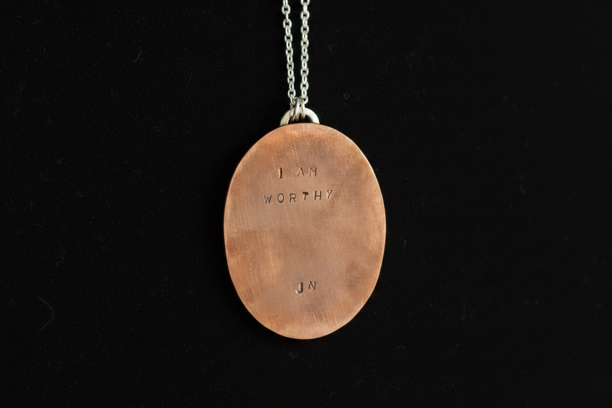 A copper oval pendant necklace engraved with 'I AM WORTHY' and 'JN', suspended from a silver chain against a black background.