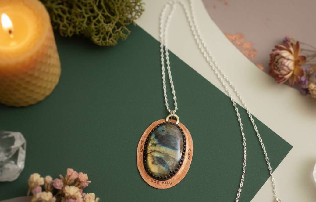 Worthy Return Pendant by Jewellery by JN, featuring an oval labradorite set in hand-forged copper with sterling silver chain, displayed on a neutral background.