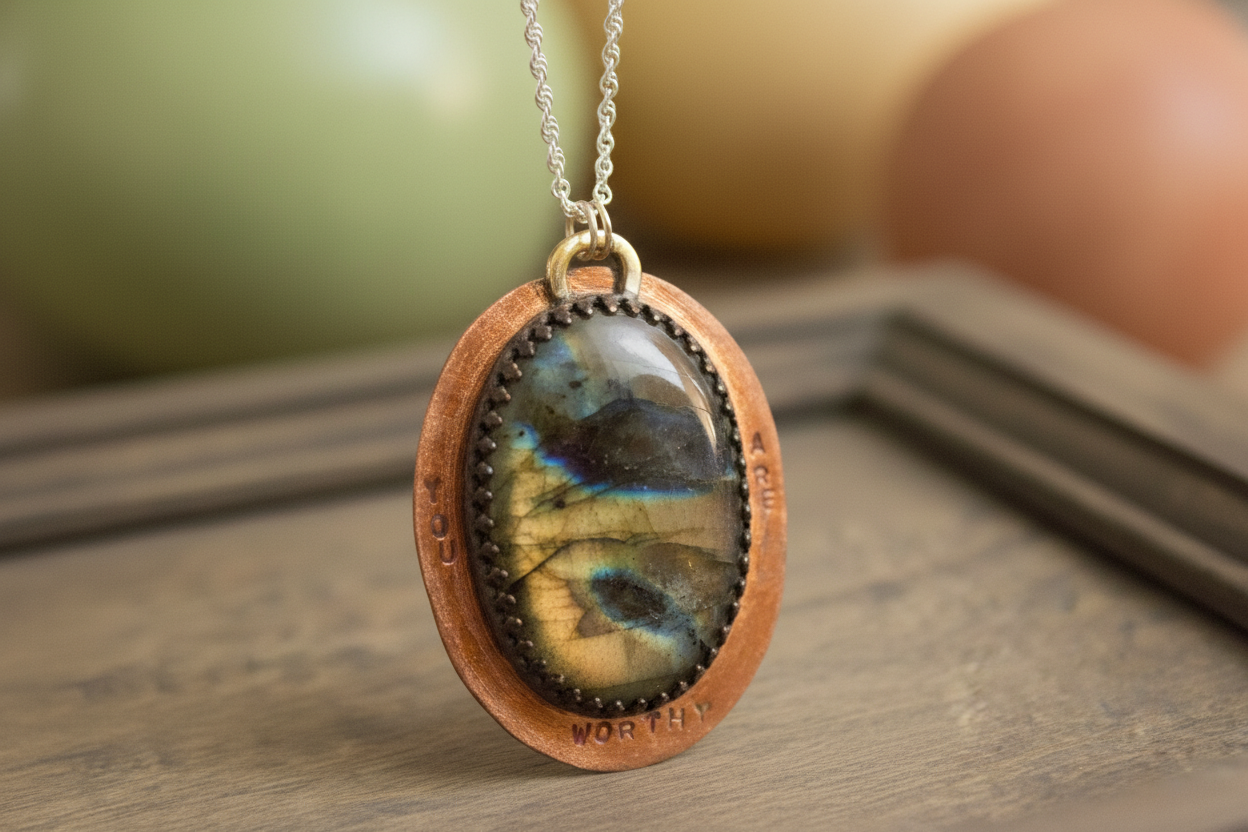 Close-up of Worthy Return Pendant by Jewellery by JN, showing hand-stamped affirmations and the flash of oval labradorite.