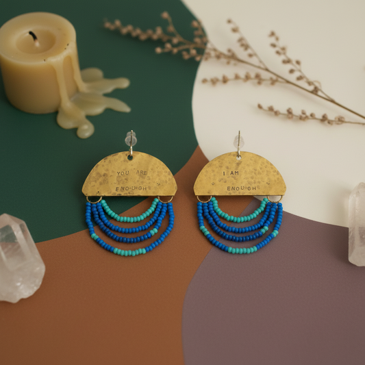 Half Moon Wordkeeper Earrings Loved by Jewellery by JN, hammered brass crescents with multicolour bead fringe and handmade sterling silver ear wires, shown front-facing.