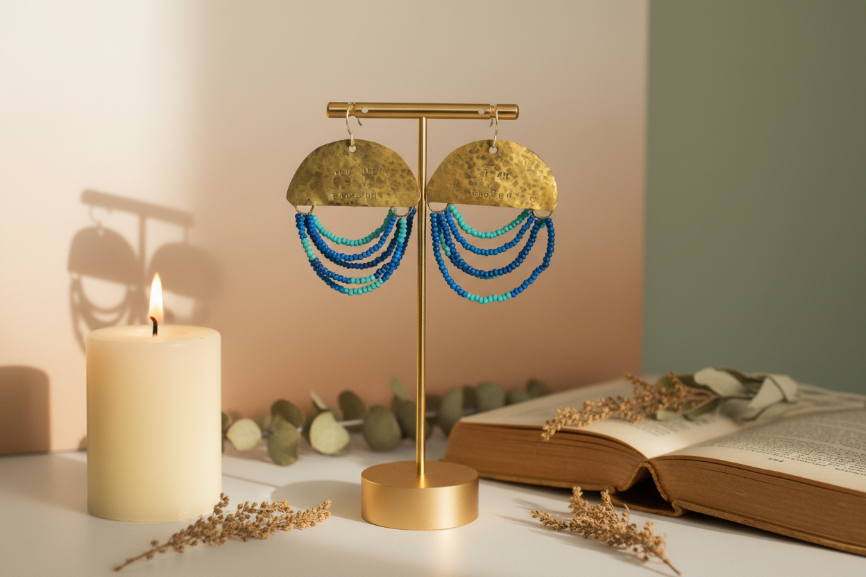 Half Moon Wordkeeper Earrings Loved styled with ritual props, featuring brass, multicolour bead fringe, and sterling silver, Jewellery by JN.