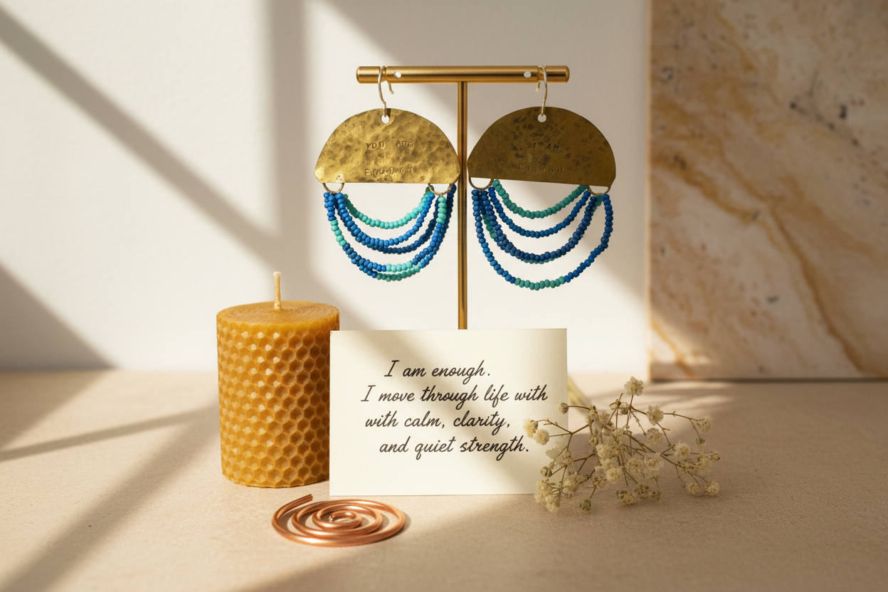 Half Moon Wordkeeper Earrings Loved by Jewellery by JN in branded packaging with a handwritten affirmation card and ritual props on an earthy background.