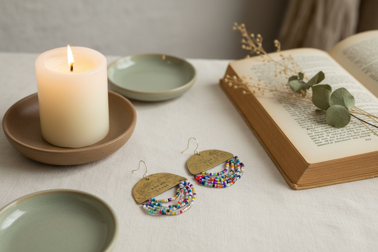 Half Moon Wordkeeper Earrings Loved styled with ritual props, featuring brass, multicolour bead fringe, and sterling silver, Jewellery by JN.