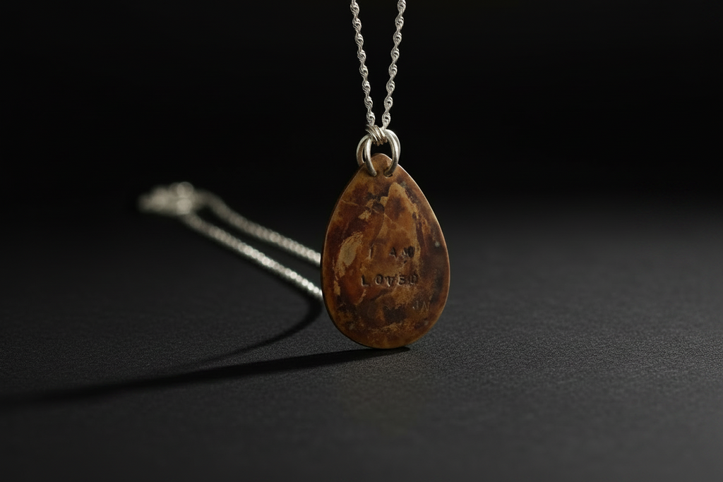 Reverse of Emberheart Pendant by Jewellery by JN, copper backplate hand-stamped with 'I AM LOVED.