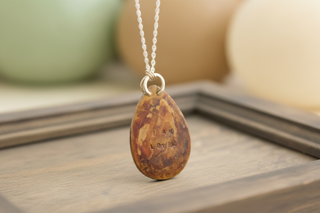 Reverse of Emberheart Pendant by Jewellery by JN, copper backplate hand-stamped with 'I AM LOVED.