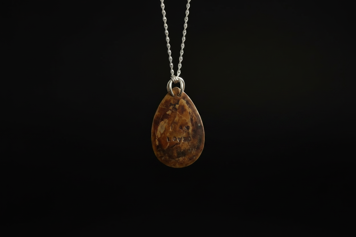 A teardrop-shaped brown gemstone pendant with natural inclusions, suspended from a silver chain against a solid black background.