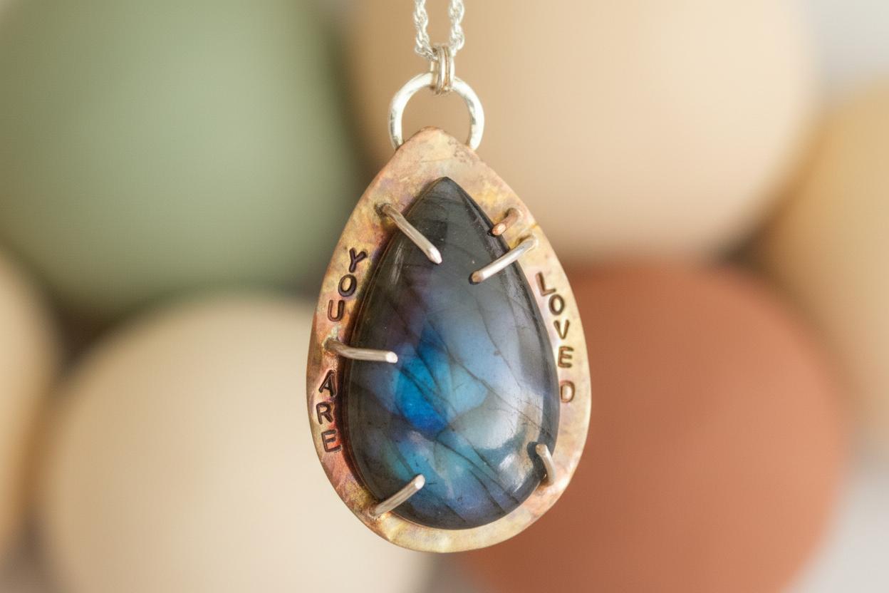 Close-up of Emberheart Pendant by Jewellery by JN, showing hand-stamped affirmations and the glow of labradorite.