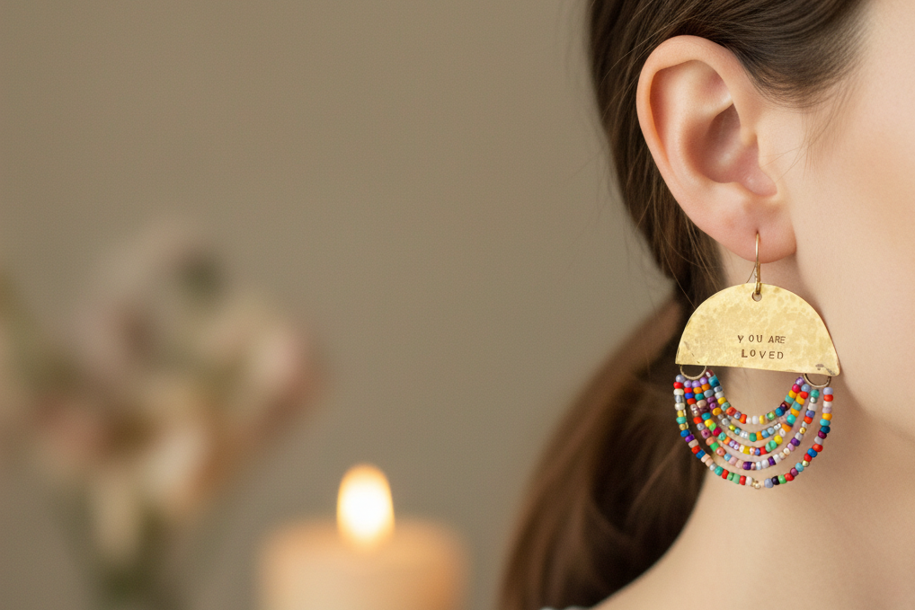 Woman wearing Half Moon Wordkeeper Earrings Loved by Jewellery by JN, showing brass crescents, radiant bead fringe, and silver ear wires.