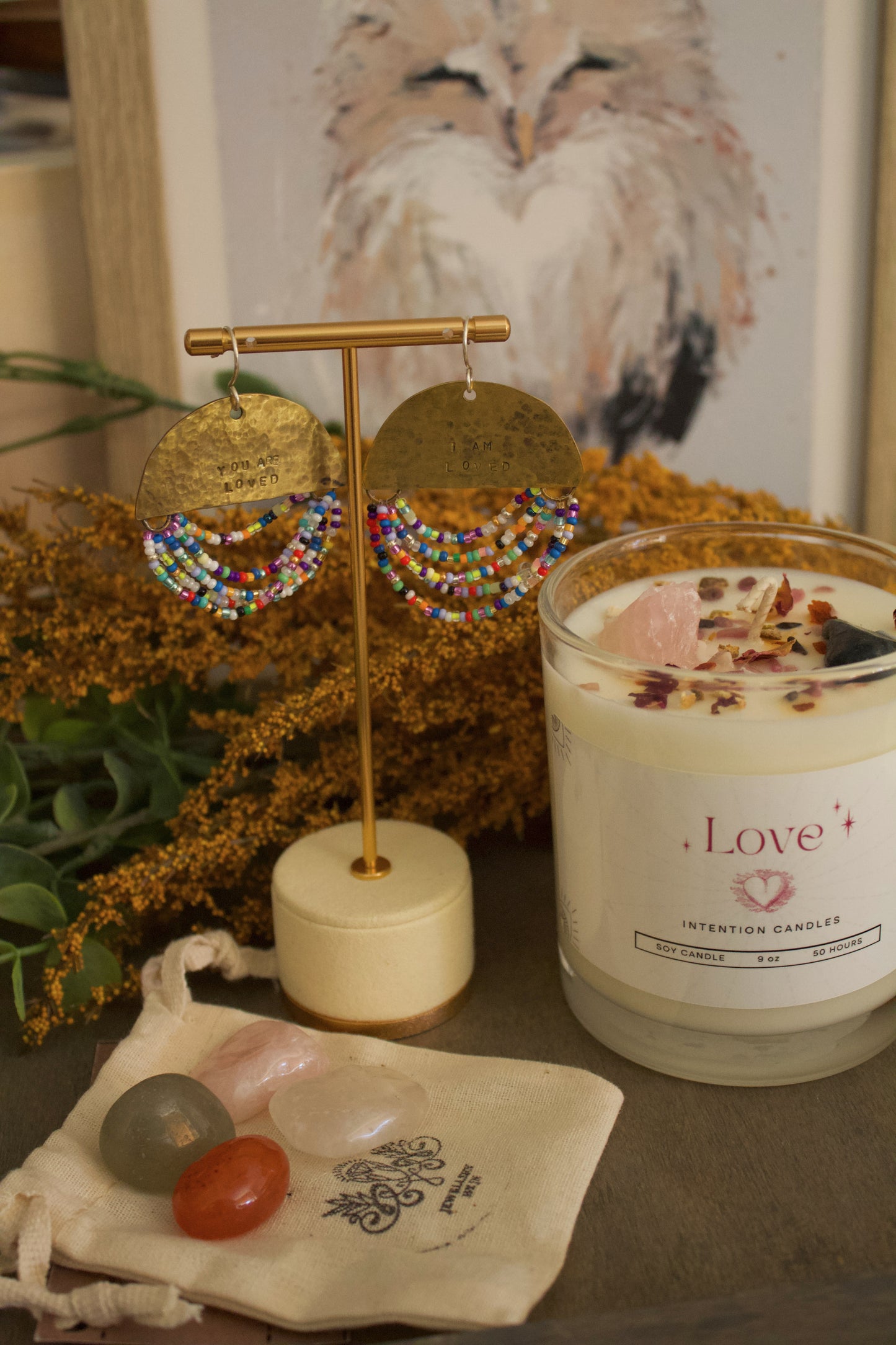 Ritual of Devoted Light Set by Jewellery by JN, includes brass “I Am Loved” earrings, Love Candle, Rose Quartz, Rhodonite, Aventurine, Carnelian stones, affirmation card
