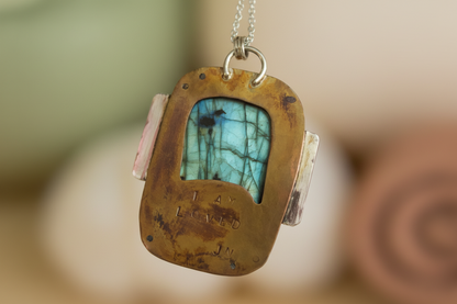 Reverse of Love as Armour Pendant by Jewellery by JN, copper backplate hand-stamped with 'I AM LOVED.