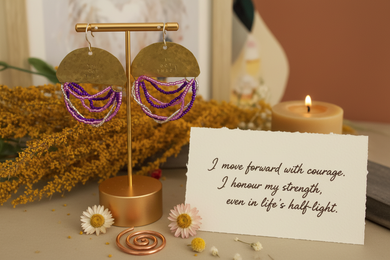 Half Moon Wordkeeper Earrings Got This by Jewellery by JN in branded packaging with a handwritten affirmation card and ritual props on an earthy background.